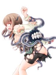 Rule 34 | 1girl, abyssal ship, ass, bike shorts, black shorts, breasts, brown eyes, brown hair, enemy naval mine (kancolle), headband, headgear, highres, kantai collection, long sleeves, meihemu, open mouth, restrained, shirt, shorts, simple background, small breasts, solo, taihou (kancolle), tentacles, torn bike shorts, torn clothes, torn shirt, white background