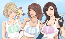 Rule 34 | 3girls, alternate costume, bare shoulders, black gloves, black hair, black sports bra, blonde hair, blue background, blue eyes, breasts, brown hair, collarbone, commentary, crop top, crylin6, detached sleeves, earrings, elbow gloves, english commentary, final fantasy, final fantasy vii, final fantasy vii remake, final fantasy x, final fantasy xv, fingerless gloves, gloves, green eyes, hand on another&#039;s hip, hand up, heterochromia, highres, in-franchise crossover, jewelry, large breasts, light blush, long hair, looking at viewer, lunafreya nox fleuret, medium breasts, midriff, moogle, multiple girls, necklace, parted lips, pink nails, red eyes, short hair, single earring, single elbow glove, smile, sports bra, swept bangs, tank top, tifa lockhart, upper body, v, white sleeves, white tank top, yuna (ff10)