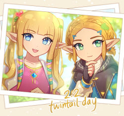 Rule 34 | 2girls, black gloves, blonde hair, blue eyes, braid, capelet, copyright request, crown braid, dual persona, enni, fingerless gloves, gloves, green eyes, hair ornament, hairclip, hand on own chin, highres, multiple girls, nintendo, photo (object), pointy ears, the legend of zelda, the legend of zelda: tears of the kingdom, twintails, twintails day, upper body
