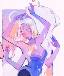 Rule 34 | 1girl, bare arms, bare shoulders, blush, breasts, cleavage, closed eyes, closed mouth, colored skin, crescent moon, dress, extra arms, eyelashes, forehead jewel, gem, gradient skin, high ponytail, highres, long hair, medium breasts, moon, opal (gemstone), opal (steven universe), open hands, pantyhose, pastel colors, pelvic curtain, ponytail, purple pantyhose, purple skin, shiny skin, sidelocks, sleeveless, sleeveless dress, solo, star (symbol), steven universe, upper body, very long hair, vicki tsai, white hair