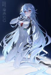 Rule 34 | 1girl, alternate hair length, alternate hairstyle, ayanami rei, blue hair, bodysuit, covered collarbone, covered navel, english text, evangelion: 3.0 you can (not) redo, expressionless, hair between eyes, hand in own hair, highres, interface headset, kneeling, light blue hair, long hair, looking at viewer, neon genesis evangelion, open mouth, plugsuit, rebuild of evangelion, red eyes, solo, starlab, very long hair, wavy hair, white bodysuit