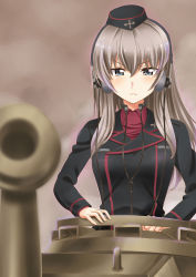 Rule 34 | 1girl, black hat, black jacket, blue eyes, blurry, blurry foreground, cannon, closed mouth, commentary request, depth of field, dress shirt, frown, garrison cap, girls und panzer, girls und panzer phase erika, half-closed eyes, hat, headphones, highres, insignia, itsumi erika, jacket, kuromorimine military uniform, long hair, long sleeves, looking at viewer, military, military hat, military uniform, military vehicle, motor vehicle, red shirt, saitaniya ryouichi, shirt, silver hair, solo, tank, tank cupola, throat microphone, tiger ii, uniform, v-shaped eyebrows, wing collar