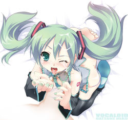 Rule 34 | 1girl, blush, cum, cum in mouth, cum on tongue, facial, fellatio, green hair, handjob, hatsune miku, hetero, invisible penis, long hair, one eye closed, oral, penis, solo focus, thighhighs, tongue, twintails, vocaloid, wink, yamano sachi