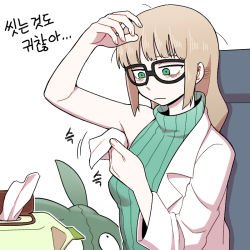 Rule 34 | 1girl, aged down, arm up, bad id, bad pixiv id, bags under eyes, black-framed eyewear, blonde hair, blunt bangs, chair, closed mouth, commentary, creatures (company), game freak, gen 5 pokemon, glasses, green eyes, green sweater, holding, korean text, lab coat, long hair, looking down, nintendo, nutkingcall, oleana (pokemon), outline, pokemon, pokemon: twilight wings, pokemon (anime), pokemon (creature), ribbed sweater, sidelocks, sitting, sleeveless, sleeveless sweater, sweater, tissue, tissue box, trubbish, white background