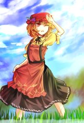 Rule 34 | 1girl, aki minoriko, apron, black skirt, blonde hair, blue sky, cloud, commentary request, feet out of frame, food, fruit, grapes, grass, hat, kutsuki kai, mob cap, one-hour drawing challenge, one eye closed, open mouth, outdoors, red apron, red eyes, red hat, short hair, short sleeves, skirt, sky, solo, standing, touhou