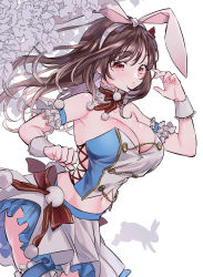 Rule 34 | 1girl, animal ears, bad id, bad pixiv id, bare shoulders, breasts, brown eyes, brown hair, cleavage, fake animal ears, floral background, frills, hairband, highres, idolmaster, idolmaster shiny colors, large breasts, long hair, midriff, navel, pom pom (clothes), rabbit, rabbit ears, red ribbon, ribbon, skirt, solo, thigh strap, tococop, tsukioka kogane, wrist cuffs