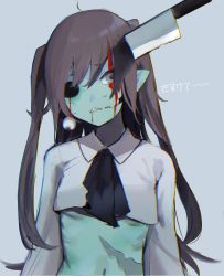 Rule 34 | 1girl, absurdres, bad id, bad twitter id, black neckerchief, blood, brown hair, collared shirt, colored skin, cropped shirt, extra mouth, eyeball, glasgow smile, green skin, grey background, grey eyes, guro, highres, hollow eyes, horror (theme), knife, long hair, long sleeves, looking at viewer, migihidari (puwako), neckerchief, original, pointy ears, red pupils, sharp teeth, shirt, simple background, solo, stab, sweat, teeth, translated, two side up, upper body, white shirt, zombie