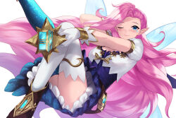 Rule 34 | 1girl, ;), blue eyes, blush, boots, brown footwear, cait aron, commentary, gloves, highres, league of legends, long hair, looking at viewer, one eye closed, pink hair, pointy ears, puffy short sleeves, puffy sleeves, seraphine (league of legends), short sleeves, smile, solo, thighhighs, very long hair, white gloves, white thighhighs, wings
