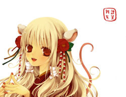 1girl animal_ears bad_id bad_pixiv_id blonde_hair female_focus flower hair_flower hair_ornament mouse_ears original red_eyes solo tsukino_omame white_background