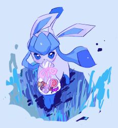 Rule 34 | animal focus, bag, blue eyes, candy, cookie, creatures (company), food, game freak, gen 4 pokemon, glaceon, highres, lollipop, looking at viewer, mouth hold, n29670007, nintendo, no humans, pink ribbon, plastic bag, pokemon, pokemon (creature), ribbon, solo, swirl lollipop