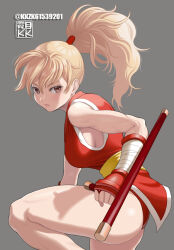 1girl artist_name bare_shoulders blonde_hair breasts brown_eyes closed_mouth commentary_request final_fight_2 fingerless_gloves from_side genryuusai_maki gloves grey_background highres holding holding_weapon japanese_clothes kkzk61539201 lips long_hair looking_at_viewer medium_breasts ninja panties ponytail shadow simple_background sleeveless thighs tonfa underwear weapon