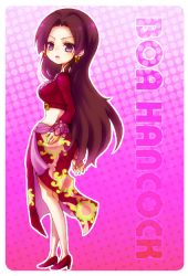 Rule 34 | 1girl, black hair, boa hancock, character name, earrings, female focus, high heels, jacket, jewelry, long hair, long skirt, migiria, navel, one piece, over shoulder, pink background, pink theme, polka dot, polka dot background, purple eyes, red jacket, sash, shoes, side slit, simple background, skirt, solo, standing