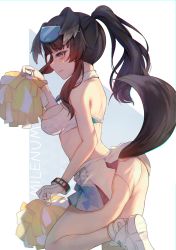 Rule 34 | 1girl, absurdres, animal ears, ass, bare shoulders, bikini, black hair, blue archive, bracelet, breasts, brown eyes, brown hair, cheerleader, chingo (pixiv8584617), dog ears, dog girl, dog tail, eyewear on head, goggles, goggles on head, halo, hibiki (blue archive), hibiki (cheer squad) (blue archive), highres, holding, holding pom poms, jewelry, long hair, looking at viewer, medium breasts, millennium cheerleader outfit (blue archive), official alternate costume, panties, pom pom (cheerleading), pom poms, ponytail, shoes, skirt, sneakers, solo, star sticker, sticker on face, sunglasses, swimsuit, tail, tail raised, thighs, underwear, white bikini, white panties, white skirt, yellow halo