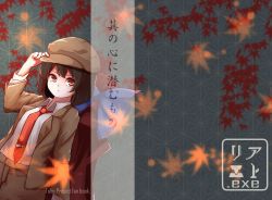 Rule 34 | autumn leaves, blue bow, bow, brown eyes, brown hair, brown headwear, brown jacket, brown shorts, cabbie hat, cloak, closed mouth, collared shirt, commentary request, dullahan, dutch angle, flat cap, hair bow, hat, highres, holding, holding clothes, holding hat, jacket, long sleeves, looking at viewer, necktie, no wings, red cloak, red hair, red necktie, sekibanki, shameimaru aya, shameimaru aya (newsboy), shirt, short hair, shorts, suit jacket, tengu, tie clip, touhou, translation request, white shirt, yusake san