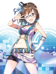 Rule 34 | 1044kiro, 1girl, absurdres, armband, bare shoulders, belt, belt collar, black hat, black shorts, blue-framed eyewear, blue background, blue belt, blush, breasts, brown eyes, brown hair, cleavage, collar, collarbone, cowboy shot, detached sleeves, dot nose, hand on own hip, hand up, hat, highres, idolmaster, idolmaster cinderella girls, idolmaster cinderella girls starlight stage, jacket, kamijo haruna, long sleeves, looking at viewer, medium breasts, midriff, mini hat, miniskirt, multicolored clothes, multicolored jacket, navel, one eye closed, open clothes, open jacket, open mouth, purple skirt, short hair, shorts, shorts under skirt, single detached sleeve, single wrist cuff, skirt, smile, solo, sparkle, standing, tailcoat, two-tone bandeau, two-tone jacket, v, white sleeves, white wrist cuffs, wrist cuffs