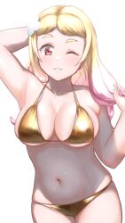 Rule 34 | 1girl, absurdres, arm behind head, arm up, armpits, bare arms, bare shoulders, bikini, blonde hair, blush, breasts, cleavage, collarbone, cowboy shot, flower, gjawefkg, gold bikini, gradient hair, grin, hair flower, hair ornament, halterneck, hand up, highres, large breasts, long hair, looking at viewer, love live!, love live! superstar!!, multicolored hair, navel, one eye closed, onitsuka natsumi, parted lips, pink hair, red eyes, simple background, smile, solo, stomach, string bikini, swimsuit, thick eyebrows, two-tone hair, white background, white flower