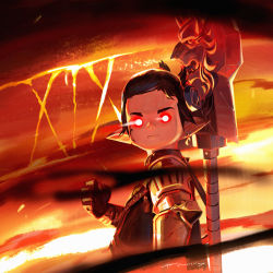 Rule 34 | 1boy, armor, artist name, warrior of light (ff14), axe, black hair, clenched hand, colin tan, earrings, facial tattoo, final fantasy, final fantasy xiv, glowing, glowing eyes, highres, jewelry, lalafell, looking at viewer, pointy ears, red eyes, short hair, solo, tattoo, warrior (final fantasy)
