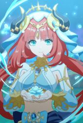 Rule 34 | 1girl, aqua eyes, blue gemstone, fake horns, flower, gem, genshin impact, harem outfit, holding, holding flower, horns, jewelry, long hair, lotus, low twintails, nahato, nilou (genshin impact), red hair, smile, stomach, twintails, veil, white veil