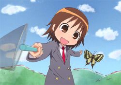 Rule 34 | 1girl, bad id, bad pixiv id, blazer, brown eyes, brown hair, bug, butterfly, butterfly net, cloud, day, dondurma, foreshortening, graphite (medium), hand net, insect, jacket, kill me baby, motion blur, necktie, open mouth, oribe yasuna, outdoors, red necktie, school uniform, short hair, sky, solo, traditional media