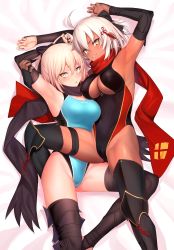 Rule 34 | 2girls, absurdres, ahoge, arm guards, armpits, arms up, bare shoulders, bed sheet, black bow, black legwear, black one-piece swimsuit, black scarf, blonde hair, blue one-piece swimsuit, blush, bow, breasts, cameltoe, cleavage cutout, clothing cutout, competition swimsuit, dark-skinned female, dark skin, detached sleeves, fate/grand order, fate (series), female focus, grey eyes, hair between eyes, hair bow, half updo, highleg, highleg swimsuit, highres, koha-ace, large breasts, legs, looking at viewer, multiple girls, okita souji (fate), okita souji (koha-ace), okita souji alter (fate), okita souji alter (first ascension) (fate), one-piece swimsuit, open mouth, parted lips, red one-piece swimsuit, red scarf, scarf, short hair, smile, swimsuit, tassel, thigh strap, thighs, two-tone swimsuit, ulrich (tagaragakuin), white hair, yellow eyes