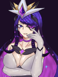 Rule 34 | alternate costume, alternate hair color, alternate hairstyle, breasts, chihel, choker, closed mouth, collarbone, elbow gloves, eyepatch, forehead protector, gloves, highres, large breasts, league of legends, long hair, purple eyes, purple hair, star guardian (league of legends), star guardian syndra, syndra, white gloves