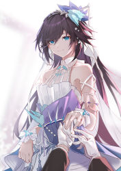Rule 34 | 1girl, absurdres, black hair, blue dress, blue eyes, bridal veil, bride, commentary, dress, earrings, faaallen, fu hua, fu hua (azure empyrea), fu hua (cerulean court), glint, gloves, halter dress, halterneck, highres, honkai (series), honkai impact 3rd, jewelry, long hair, long sleeves, looking at viewer, multicolored clothes, multicolored dress, ornate ring, pov, putting on jewelry, ring, smile, solo focus, veil, very long hair, wedding, wedding dress, wedding ring, white dress, white gloves