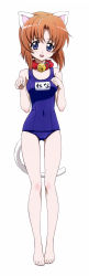 Rule 34 | 1girl, absurdres, animal ears, barefoot, bell, blue eyes, blush, brown hair, cat ears, cat tail, collar, feet, full body, highres, higurashi no naku koro ni, jingle bell, legs, long image, name tag, neck bell, official art, one-piece swimsuit, open mouth, paw pose, ryuuguu rena, sakai kyuuta, school swimsuit, short hair, simple background, smile, solo, swimsuit, tail, tall image