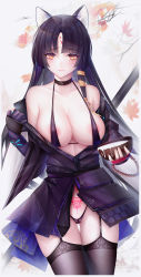 Rule 34 | 1girl, absurdres, animal ears, areola slip, arknights, bad id, bad pixiv id, bare shoulders, binggong asylum, black choker, black hair, black thighhighs, bowl, breasts, cameltoe, choker, cleft of venus, collarbone, commentary request, cowboy shot, dog ears, facial mark, forehead mark, highres, holding, holding bowl, large breasts, long hair, looking at viewer, off shoulder, orange eyes, pubic tattoo, saga (arknights), solo, standing, suggestive fluid, tattoo, thighhighs, thighs
