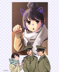 Rule 34 | 2boys, 2girls, animal ears, blue scarf, brown eyes, brown hair, cat ears, cellphone, character request, closed mouth, dated, drawing (object), drawn ears, drawn whiskers, hat, holding, holding phone, horikou, looking at viewer, military, military hat, military uniform, multiple boys, multiple girls, parted lips, paw pose, phone, scarf, shima rin, signature, smartphone, smile, soldier, soviet army, uniform, yurucamp