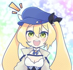 Rule 34 | 1girl, blonde hair, blue hat, breasts, choker, cleavage, dokibird (vtuber), green eyes, hat, indie virtual youtuber, jacket, korafuwa, long hair, medium breasts, open clothes, open jacket, open mouth, smile, solo, teeth, twintails, upper teeth only