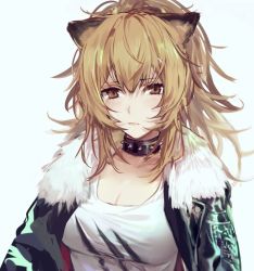 Rule 34 | 1girl, animal ears, arknights, bare shoulders, blush, breasts, cleavage, collar, collarbone, csyday, fur-trimmed jacket, fur trim, jacket, large breasts, leather, leather jacket, lion ears, lion girl, looking at viewer, siege (arknights), solo, studded choker, studded collar, tank top, white tank top