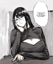 Rule 34 | 1girl, black eyes, black sweater, breasts, cleavage, cleavage cutout, clothing cutout, english text, hand on own cheek, hand on own face, head tilt, highres, kamishiro rize, large breasts, long hair, looking at viewer, meme, pointing, smile, solo, speech bubble, sweater, tokyo ghoul, yourfreakyneighbourh