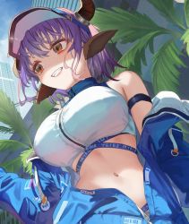 Rule 34 | 1girl, animal ears, arknights, arm strap, bare shoulders, blue jacket, breasts, crop top, grin, horns, jacket, large breasts, long sleeves, looking to the side, midriff, navel, off shoulder, official art, open clothes, open jacket, outdoors, red eyes, saraki, shirt, sideroca (arknights), sideroca (light breeze) (arknights), sleeveless, sleeveless shirt, sleeveless turtleneck, smile, solo, stomach, strap, turtleneck, upper body, visor cap, white shirt