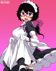 Rule 34 | 10s, 1girl, :d, alternate costume, apron, artist name, black dress, black eyes, black hair, black thighhighs, commentary request, dated, dress, elbow gloves, enmaided, frilled dress, frills, from side, girls und panzer, glasses, gloves, gradient background, highres, looking at viewer, maid, maid apron, maid headdress, medium dress, medium hair, messy hair, neck ribbon, one-hour drawing challenge, open mouth, oryou (girls und panzer), partial commentary, pink background, puffy short sleeves, puffy sleeves, purple background, purple ribbon, red-framed eyewear, ribbon, semi-rimless eyewear, shiroobi (whitebeltmaster), short ponytail, short sleeves, skirt hold, smile, solo, standing, thighhighs, under-rim eyewear, watermark, white apron, white gloves