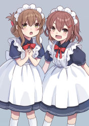 Rule 34 | alternate costume, apron, blue dress, brown eyes, brown hair, commentary request, commission, dress, enmaided, fang, feet out of frame, folded ponytail, frilled apron, frills, grey background, hair ornament, hairclip, ikazuchi (kancolle), inazuma (kancolle), kantai collection, long hair, maid, maid headdress, mitsuyo (mituyo324), short hair, simple background, smile, socks, standing, white apron, white socks