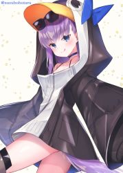 Rule 34 | 1girl, animal hood, bare shoulders, bikini, black bikini, black jacket, blue bow, blue eyes, blush, bow, breasts, choker, closed mouth, collarbone, eyewear on head, fate/grand order, fate (series), hood, hood up, jacket, licking lips, long hair, long sleeves, looking at viewer, meltryllis, meltryllis (fate), meltryllis (swimsuit lancer) (fate), meltryllis (swimsuit lancer) (first ascension) (fate), penguin hood, purple hair, sleeves past fingers, sleeves past wrists, small breasts, smile, solo, sunglasses, sunglasses on head, suzuho hotaru, swimsuit, thighs, tongue, tongue out, very long hair