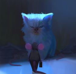 Rule 34 | animal focus, blue eyes, cat, drawing, highres, mouse (animal), no humans, original, scenery, snatti, tail, white cat, white fur