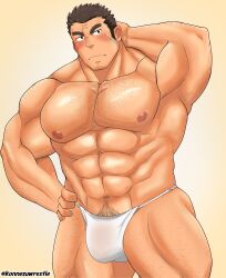 Rule 34 | 1boy, abs, absurdres, alternate costume, arm hair, averting eyes, bara, blush, briefs, bulge, chest hair, cowboy shot, cross scar, fundoshi, hairy, highres, houzouin oniwaka, japanese clothes, konnezuwrestle, large pectorals, leg hair, long sideburns, male focus, male underwear, mature male, muscular, muscular male, navel, navel hair, nipples, pectorals, scar, scar on face, scar on forehead, see-through, short hair, shy, sideburns, solo, stomach, strongman waist, textless version, thick eyebrows, tokyo houkago summoners, topless male, underwear, wet, wet clothes, wet fundoshi
