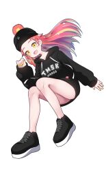 Rule 34 | 1girl, :d, beanie, black footwear, black hat, black hoodie, blonde hair, commentary, dutch angle, fangs, full body, hand up, hat, highres, hikasa tomoshika, hood, hood down, hoodie, legs, long hair, long sleeves, multicolored hair, onpa (onpa sound), open mouth, red hair, shoes, simple background, sitting, sleeves past wrists, smile, sneakers, solo, streaked hair, symbol-only commentary, thighs, virtual youtuber, voms, white background, yellow eyes, yellow nails