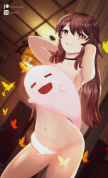 Rule 34 | 1girl, absurdres, alternate hair length, alternate hairstyle, armpits, arms behind head, blurry, blurry background, boo tao (genshin impact), bright pupils, brown hair, bug, butterfly, choker, collarbone, commentary, completely nude, convenient censoring, cowboy shot, door, english commentary, female focus, genshin impact, grin, groin, hair between eyes, highres, hu tao (genshin impact), indoors, insect, navel, nude, pixiv username, red eyes, roland sub13, sidelocks, smile, solo, standing, stomach, straight hair, symbol-shaped pupils, teeth, thighs, white pupils