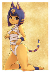 Rule 34 | 1girl, :&lt;, animal crossing, animal ears, ankha (animal crossing), bandages, bare shoulders, black eyes, blue hair, blunt bangs, blush, bob cut, breasts, brown background, cat ears, cat tail, cleavage, colored skin, commentary request, covered erect nipples, egyptian, egyptian clothes, furry, furry female, hair ornament, kneeling, looking at viewer, medium breasts, navel, nintendo, short hair, solo, tail, white background, yellow skin, yume (i think.)