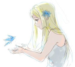 Rule 34 | 1girl, animal, bare arms, bare shoulders, bird, blonde hair, blue eyes, blue flower, flower, flying, fullmetal alchemist, hair flower, hair ornament, half-closed eyes, happy, long hair, looking down, outstretched hand, profile, riru, shirt, simple background, smile, solo, upper body, white background, white shirt, winry rockbell