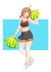 Rule 34 | 1girl, ahoge, alternate costume, armpits, black skirt, brown eyes, brown hair, cheerleader, collarbone, crop top, full body, hair between eyes, hairband, highres, kantai collection, looking at viewer, low twintails, midriff, navel, orange hairband, over-kneehighs, pom pom (cheerleading), school uniform, serafuku, shiratsuyu (kancolle), shoes, short hair, short twintails, simple background, skirt, sneakers, solo, standing, sweat, thighhighs, twintails, two-tone background, white background, white thighhighs, yuuji (and)