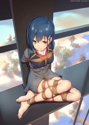Rule 34 | 10s, 1girl, arms behind back, barefoot, bdsm, blue hair, bondage, bound, breast bondage, breasts, crotch rope, darling in the franxx, dress, feet, full body, green eyes, hair ornament, hairclip, highres, himitsu (hi mi tsu 2), ichigo (darling in the franxx), legs together, looking at viewer, medium breasts, restrained, rope, school uniform, shibari, short dress, short hair, sitting, solo, toes