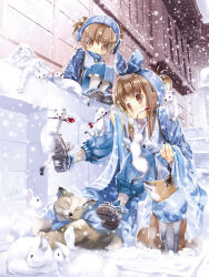 Rule 34 | 2girls, animal, animal on shoulder, bandana, brown eyes, brown hair, building, cat, child, ferret, fox, hanpen, looking at another, mouth hold, multiple girls, original, outdoors, pants, rabbit, sitting, snow, snowing, winter