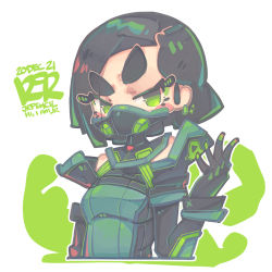Rule 34 | 1girl, animification, black gloves, black hair, blush, bodysuit, breasts, dated, earrings, gas mask, gloves, green bodysuit, hair behind ear, highres, jewelry, jrpencil, looking at viewer, mask, medium breasts, mouth mask, open hand, portrait, short hair, solo, sparkle, thick eyebrows, v-shaped eyebrows, valorant, viper (valorant), white background