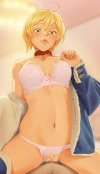 Rule 34 | 1boy, 1girl, absurdres, blonde hair, blonde pubic hair, blue jacket, blush, bow, bow bra, bra, breasts, choker, clothed sex, clothing aside, collarbone, colored eyelashes, commentary, cowgirl position, deep penetration, english commentary, female pubic hair, fur trim, gintsu, girl on top, green eyes, happy tears, highres, jacket, lingerie, lips, looking down, male pubic hair, medium breasts, mito ikumi, off shoulder, panties, panties aside, pink panties, pov, pubic hair, pubic hair peek, pussy, red choker, sex, shokugeki no souma, short hair, solo focus, straddling, strapless, strapless bra, tearing up, tears, uncensored, underwear, undressing, vaginal