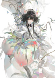 Rule 34 | 1girl, absurdres, black hair, branch, chinese clothes, eteru, flower, food, food-themed hair ornament, fruit, futao ping (wuhua mixin), hair ornament, hanfu, highres, holding, holding branch, long hair, looking at viewer, oversized plant, peach, peach blossom, peach hair ornament, red eyes, sidelocks, smile, solo, white background, white flower, white hanfu, wuhua mixin