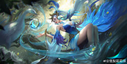 Rule 34 | 1girl, absurdres, artist name, bare shoulders, bird, blue dress, blue eyes, blue hair, blue nails, branch, breasts, character request, cleavage, copyright request, dress, eyeshadow, facial mark, feathers, fingernails, fish, floating hair, forehead mark, forest, hair ornament, highres, large breasts, leaf, light blue hair, long hair, looking to the side, makeup, nail polish, nature, outdoors, parted lips, ponytail, reflection, sharp fingernails, sitting, sleeveless, sleeveless dress, smile, solo, sydney lily, tree, water