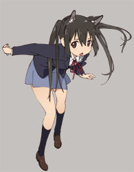 Rule 34 | 1girl, animal ears, black eyes, black hair, cat ears, k-on!, long hair, looking at viewer, nakano azusa, nse, open mouth, school uniform, solo, twintails